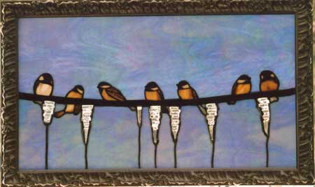 Chickadees playing on the Line by Stained Glass Artist Yvonne DeViller